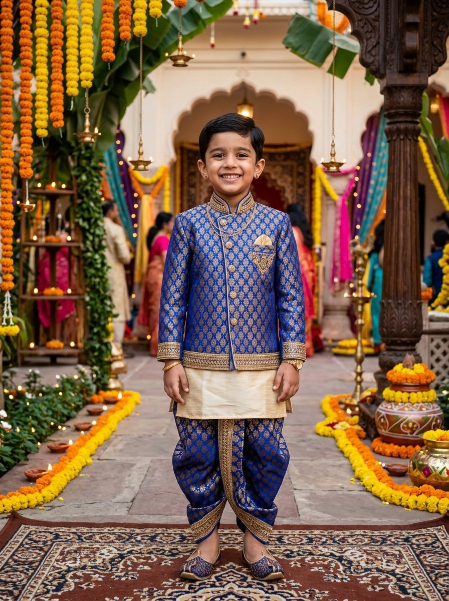 Boys Brocade Sherwani Kurta with Dhoti Pant Set