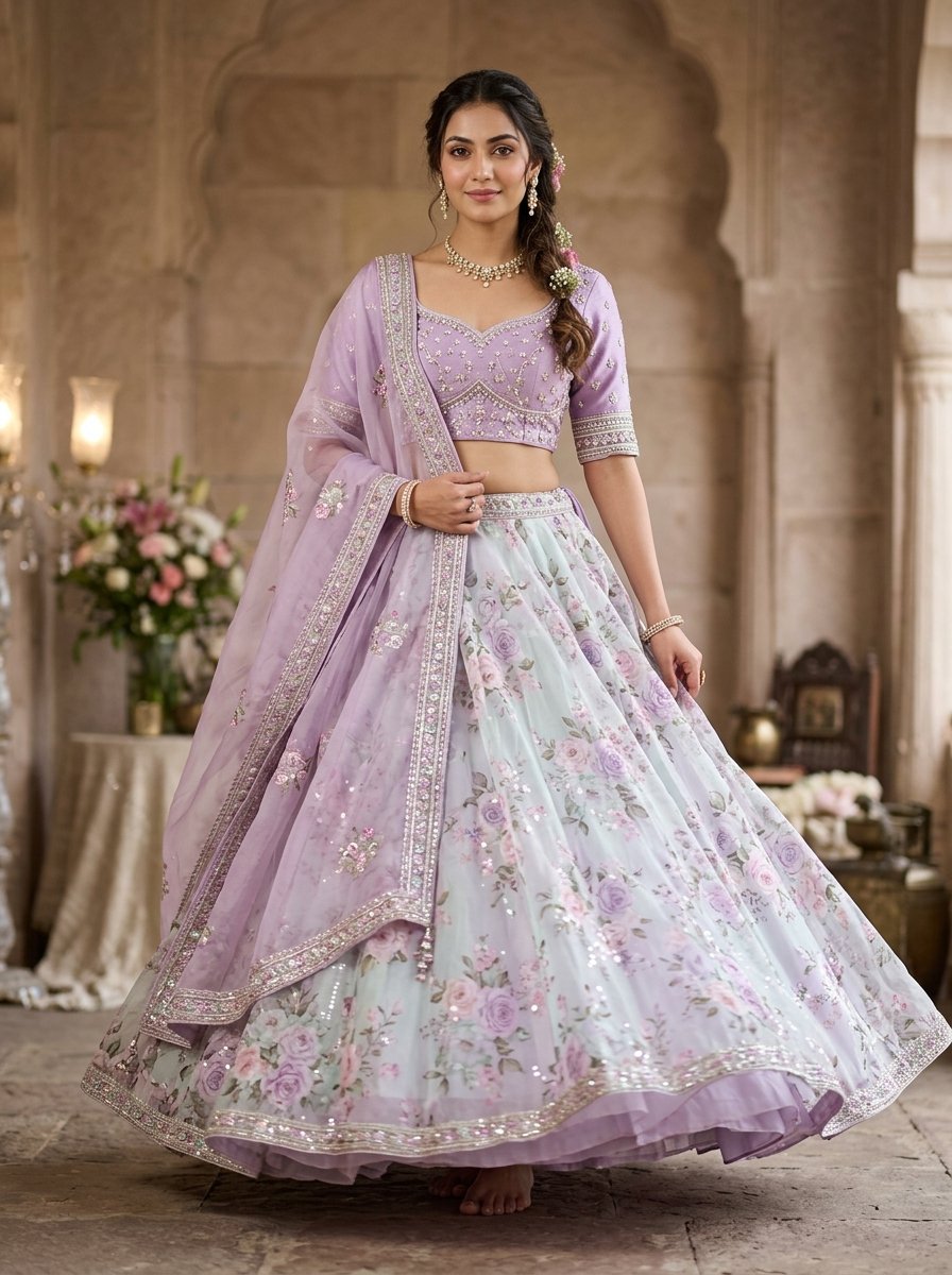 Pastel Floral Organza Semi-Stitched Lehenga Choli