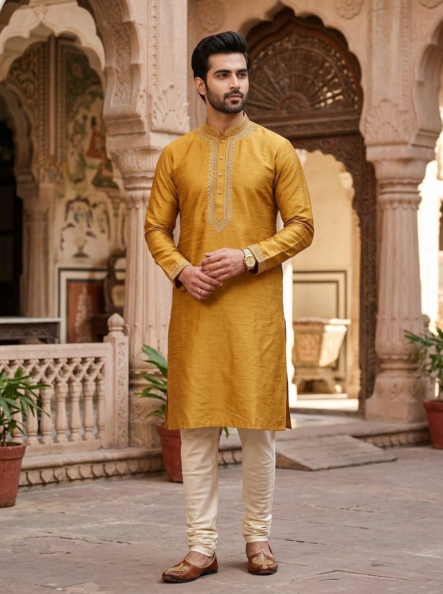 Raw Silk Blend Festive Kurta with Churidar Set